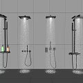Modern Shower Systems With Rainfall Heads And Handheld Wands On Tiled Wall 3d model
