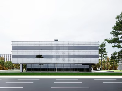 Modern Industrial Factory Building With Glass Curtain Wall And Metal Panels Surrounded By Trees 3d model