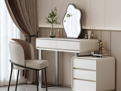 Modern Cream Dressing Table With Irregular Mirror Stylish Chair Plant Vase And Drawers 3d model