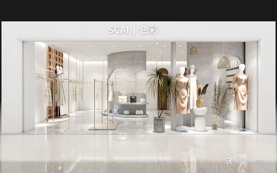 Modern Clothing Store Interior With Stylish Mannequins Clothing Racks And Green Plants 3d model 