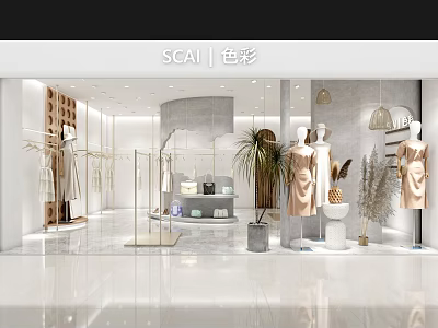 Modern Clothing Store Interior With Stylish Mannequins Clothing Racks And Green Plants 3d model