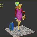 Elegant Woman In Beige Dress Holding Brown Handbag Near Blue Suitcase On Geometric Patterned Carpet