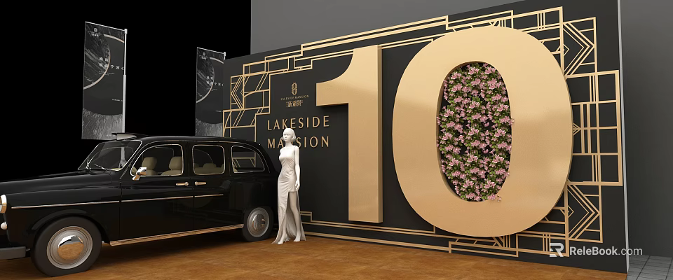 Vintage Black Car Model In White Dress By Lakeside Mansion Golden 10 With Pink Flowers 3d model 
