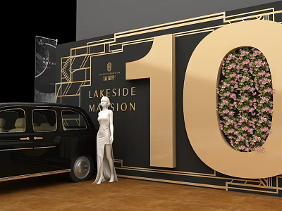 Vintage Black Car Model In White Dress By Lakeside Mansion Golden 10 With Pink Flowers 3d model