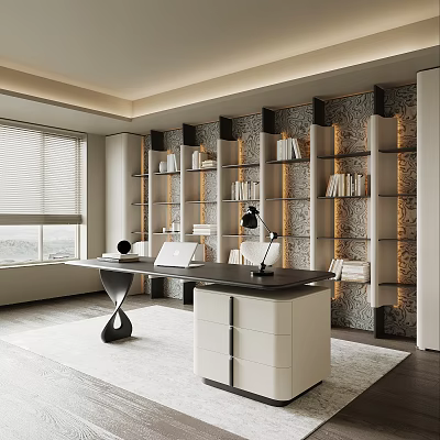 Modern Built in Bookcase Interior With Layered Shelves Lighting And Study Desk 3d model