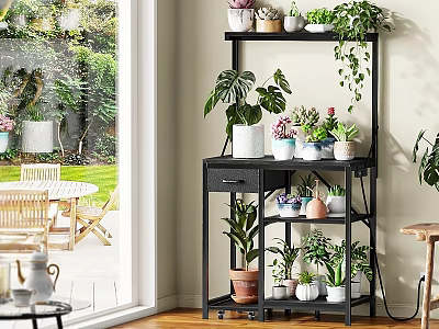 Black Multi Tier Plant Shelf With Potted Greenery And Decorative Plants 3d model