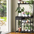 Black Multi Tier Plant Shelf With Potted Greenery And Decorative Plants