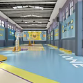 Indoor Basketball Gym Interior With Wooden Floor Yellow Logo Purple Areas And Motivational Wall Slogans