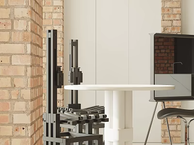 Restaurant Interior With Brick Walls White Round Table Black Metal Structures And TV Cabinet 3d model