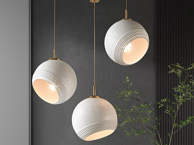 Modern Textured White Spherical Pendant Lights With Golden Chains And Green Plants On Dark Wall 3d model