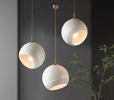 Modern Textured White Spherical Pendant Lights With Golden Chains And Green Plants On Dark Wall 3d model