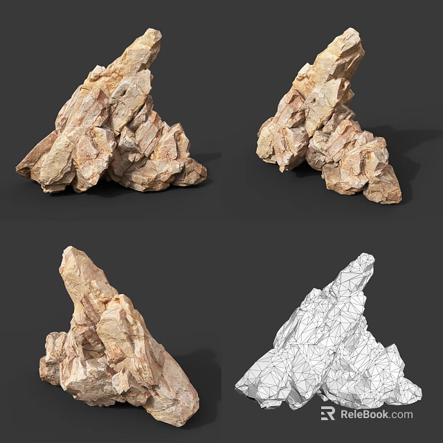 Natural Stone Rock Models Showcasing Different Angles And Textured Surfaces With Wireframe View 3d model 