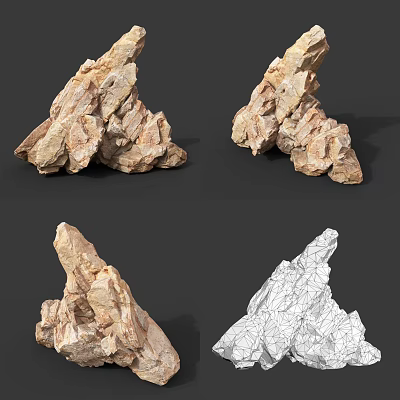 Natural Stone Rock Models Showcasing Different Angles And Textured Surfaces With Wireframe View 3d model