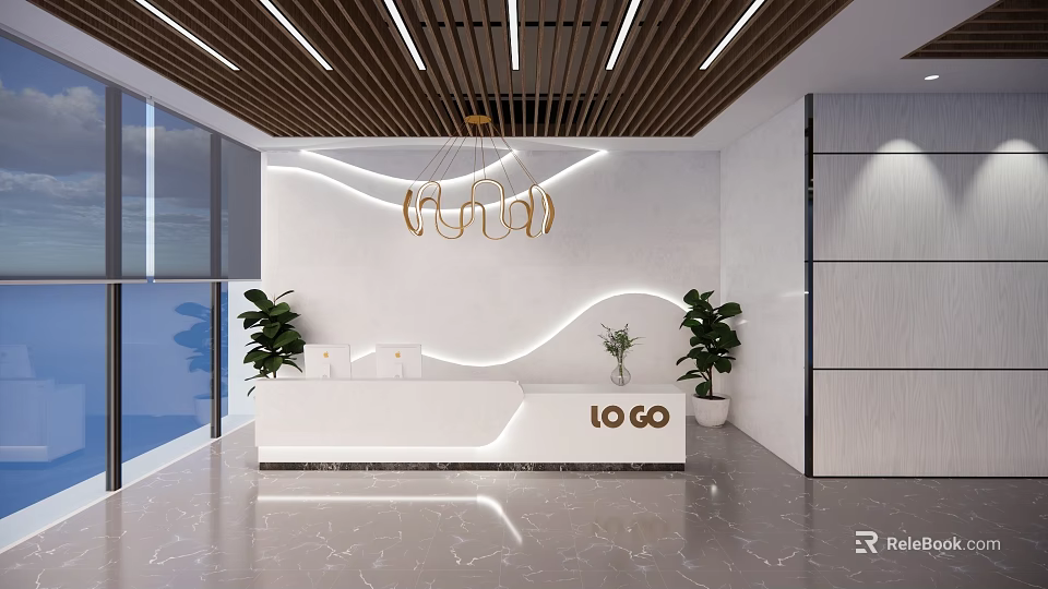 Modern Front Desk Reception Area With White Counter Logo Green Plants And Ceiling Lights 3d model 