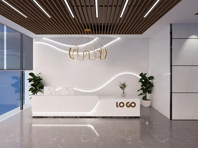Modern Front Desk Reception Area With White Counter Logo Green Plants And Ceiling Lights 3d model