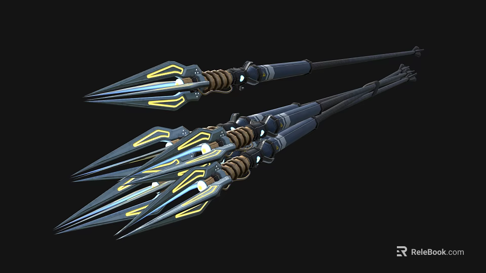 Futuristic Metallic Multi Bladed Spear Weapon With Glowing Edges And Braided Details 3d model 