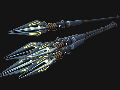 Futuristic Metallic Multi Bladed Spear Weapon With Glowing Edges And Braided Details 3d model