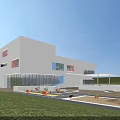 Modern School Building With White Exterior Colorful Stripes And Trees Near Entrance Zebra Crossing