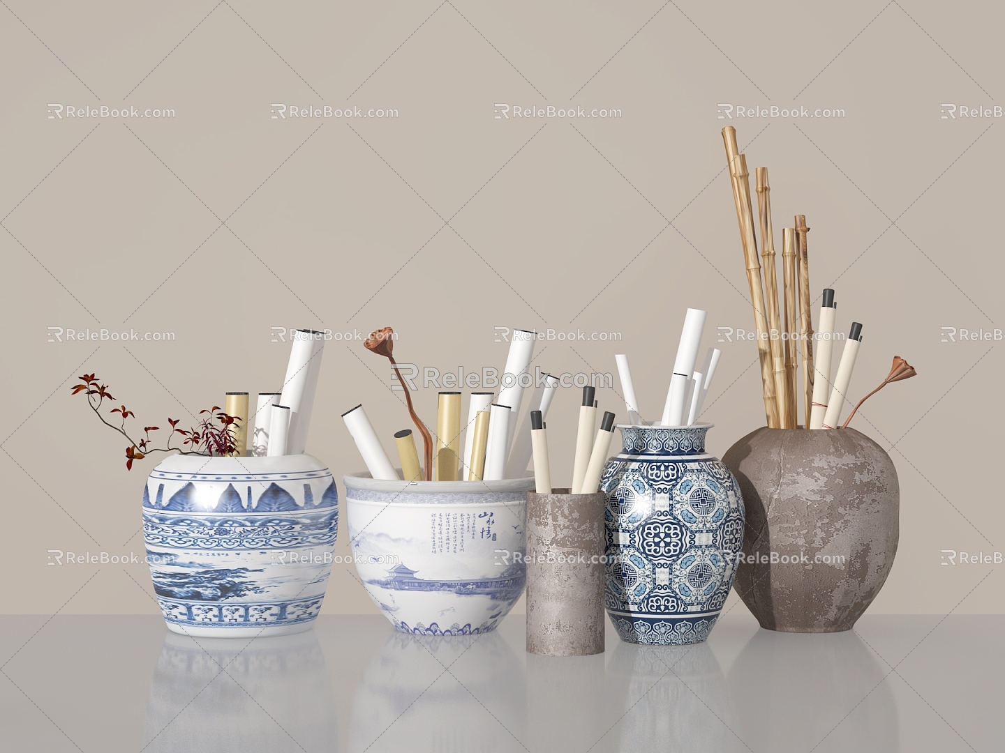 New Chinese-style Blue and White Porcelain Vase Painting Tank Utensils Ceramic Picture Scroll model