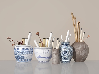 New Chinese-style Blue and White Porcelain Vase Painting Tank Utensils Ceramic Picture Scroll 3d model