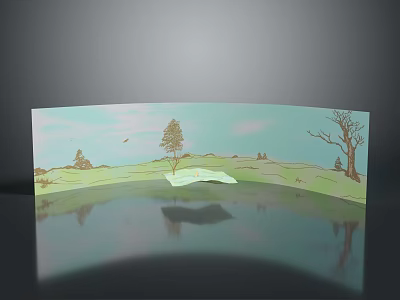 Scenic Landscape With Green Meadow Trees Distant Hills Flying Birds And Water Reflection 3d model