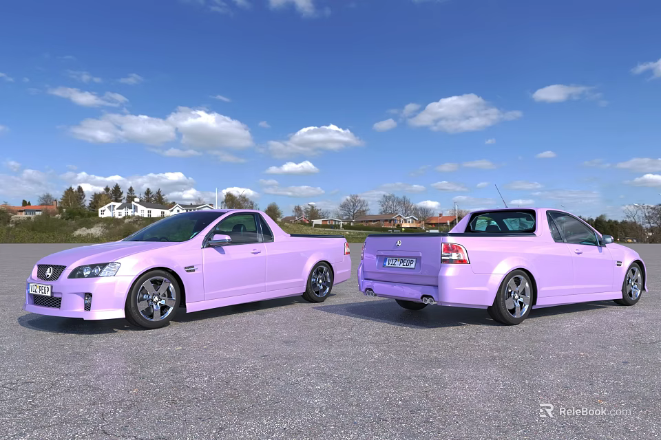 Two Stylish Purple Cars Parked Outdoor With Blue Sky And White Clouds 3d model 