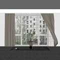Gray Curtains with Sheer Panels Near Window and Green Plant in Modern Room Interior