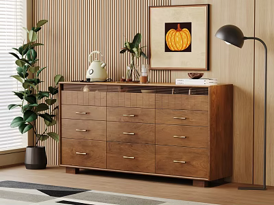 Wooden Dresser With Multiple Drawers Decorative Plants White Kettle And Pumpkin Painting In Living Room 3d model