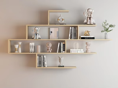 Floating Wall Shelves with Books Decorative Ornaments and Potted Plant in Modern Home Interior 3d model