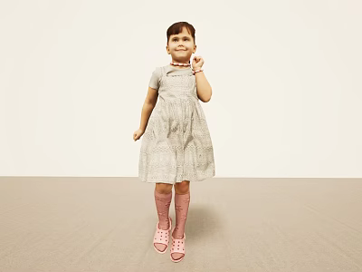Little Girl Standing in Light Background Wearing Gray Dress Pink Socks and Pink Shoes 3d model