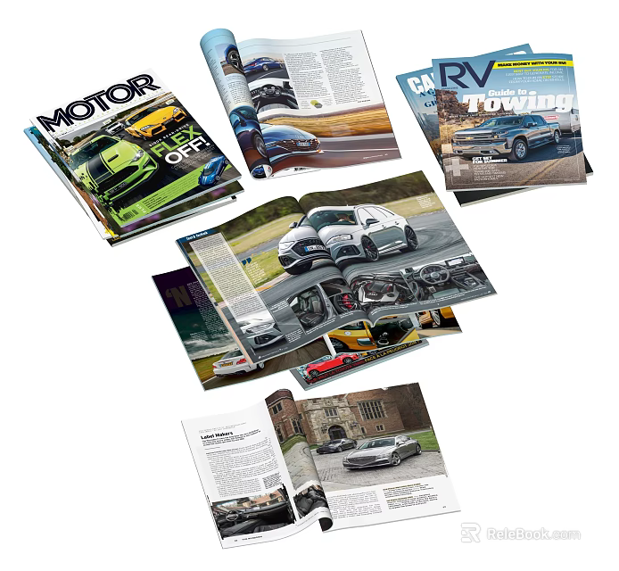 Multiple Car Magazines Featuring Open Pages With Automotive Photos And Vehicle Models 3d model 