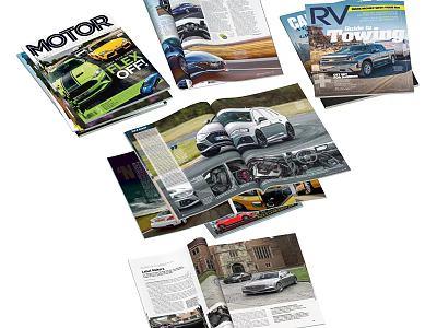 Multiple Car Magazines Featuring Open Pages With Automotive Photos And Vehicle Models 3d model