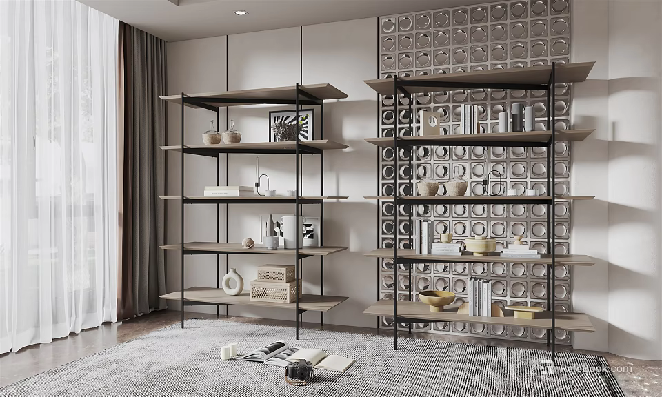 Modern Bookshelf With Multiple Shelves Decorative Items And Geometric Patterned Wall 3d model 