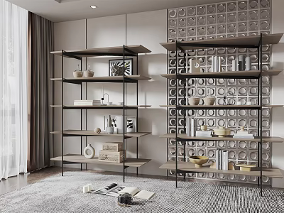 Modern Bookshelf With Multiple Shelves Decorative Items And Geometric Patterned Wall 3d model