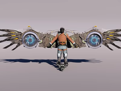 Man Standing On Skateboard Like Device With Large Blue Fans And Mechanical Wings 3d model