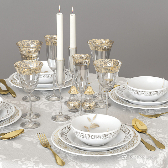 Elegant White Dinnerware Set With Gold Trim Goblets Cutlery And Salt Pepper Shakers 3d model 