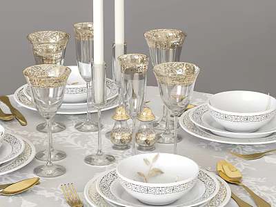 Elegant White Dinnerware Set With Gold Trim Goblets Cutlery And Salt Pepper Shakers 3d model