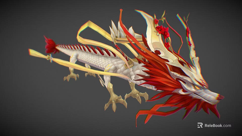 Fantasy Game Movie Dragon Character with White Body Red Gold Accents Flowing Ribbons Red Flowers 3d model 