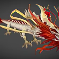 Fantasy Game Movie Dragon Character with White Body Red Gold Accents Flowing Ribbons Red Flowers