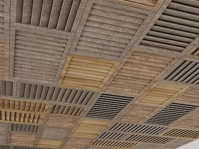 Modern Ceiling Design With Wooden Grid Panels And Textured Geometric Tiles 3d model