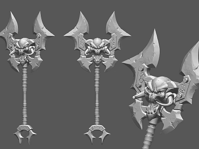 Detailed Fantasy Battle Axes With Skull Head Ornaments And Spiked Blades 3D Model Design 3d model
