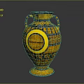 Decorative Vase With Two Handles Yellow Black Color Geometric Patterns And Circular Concentrated Label