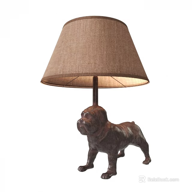Unique Bulldog Shaped Decorative Table Lamp With Brown Fabric Lampshade And Sculpted Base 3d model 