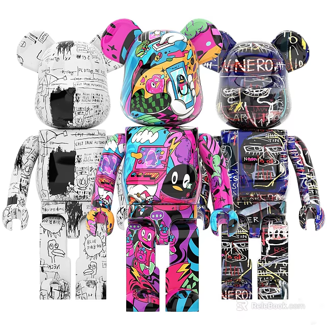 Unique Colorful Bear Figurine Decorative Ornament Set with Graffiti Art Design and Modern Home Decor 3d model 