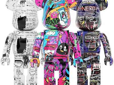 Unique Colorful Bear Figurine Decorative Ornament Set with Graffiti Art Design and Modern Home Decor 3d model
