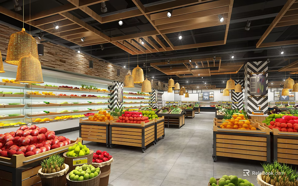 Supermarket Grocery Store Interior With Fresh Fruits Display On Wooden Shelves And Hanging Lamps 3d model 