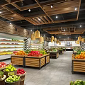 Supermarket Grocery Store Interior With Fresh Fruits Display On Wooden Shelves And Hanging Lamps