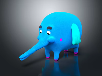 Cartoon Blue Elephant 3D Character With Pink Cheeks And Feet On Dark Background Shiny Reflection 3d model