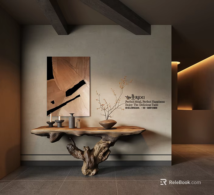 Natural Wood Root Console Table with Vase and Candles Against Textured Wall and Abstract Painting 3d model 