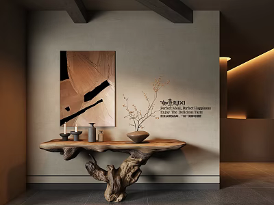Natural Wood Root Console Table with Vase and Candles Against Textured Wall and Abstract Painting 3d model